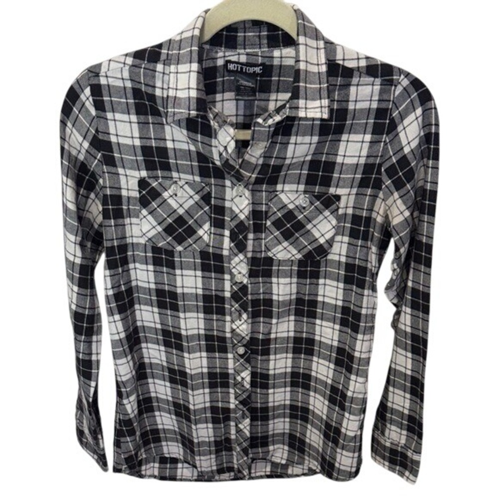 Hot Topic Black White Plaid Skull Lace Back Long Sleeve‎ Button Down Shirt